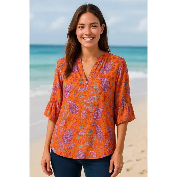 New Easel Boho Floral Paisley Blouse Orange Pink Blue Top 3/4 SleeveSize Small - Picture 1 of 10